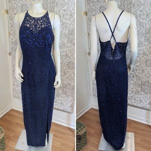 RESERVED Vintage Scala 1980s Beaded Blue Evening Dress XL